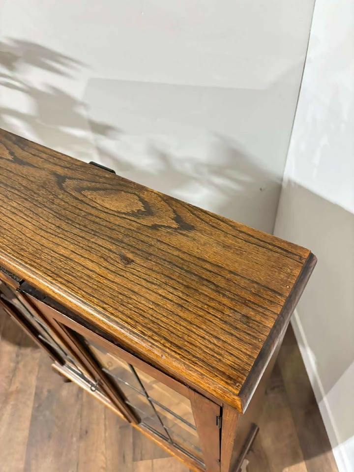 Vintage Oak Two Door Bookcase– Leaded Glass Doors