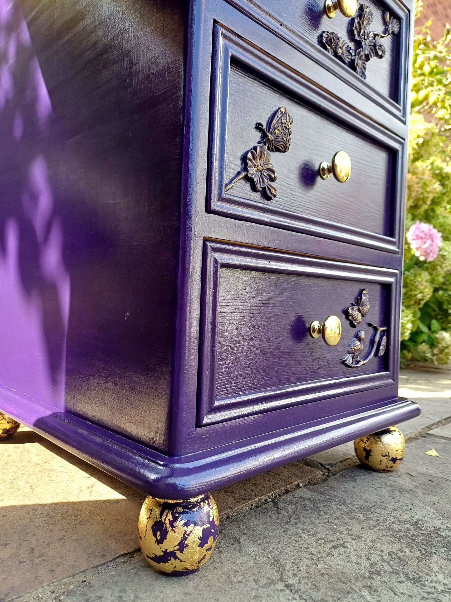 Upcycled Deep Purple and Gold Dressing Table with Flower and Bird Mould Design