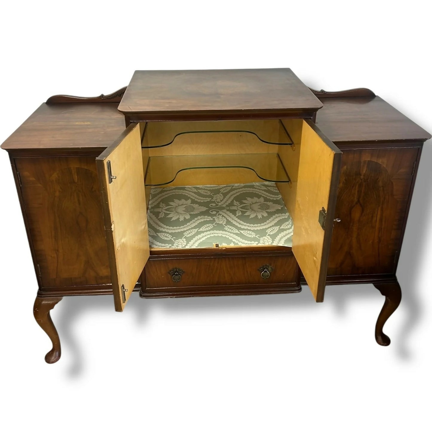 Queen Anne Walnut Sideboard | Vintage Drinks Cabinet with Brass Hardware