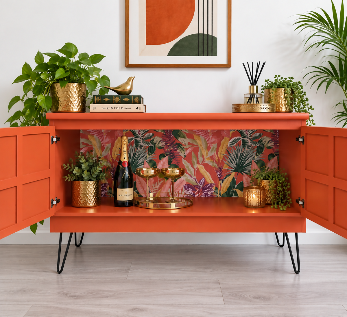 Tropical Coral Sideboard | Mid-Century Modern Cocktail Cabinet | Botanical Statement Furniture