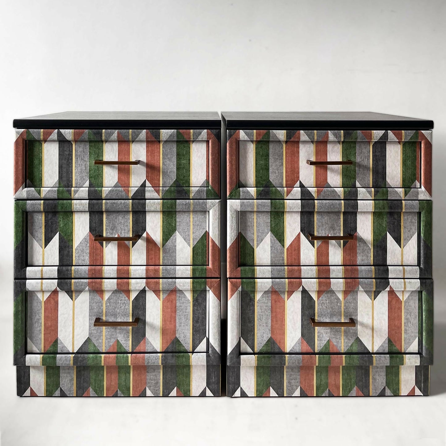 Gplan bedside tables with drawers decoupaged with geometrical pattern