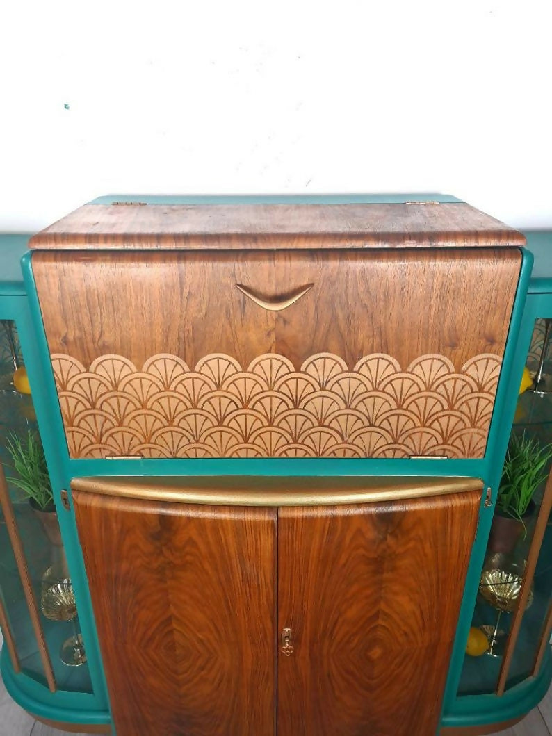 Large Art deco drinks cabinet, teal, cocktail cabinet, gin bar, vintage, retro, gin cabinet,statement,display cabinet
