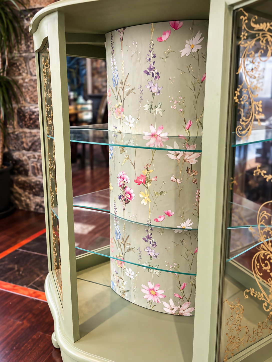 Vintage Curved Display Cabinet | Sage Green & Gold | Floral Botanical Interior | Lockable Glass Drinks Cabinet