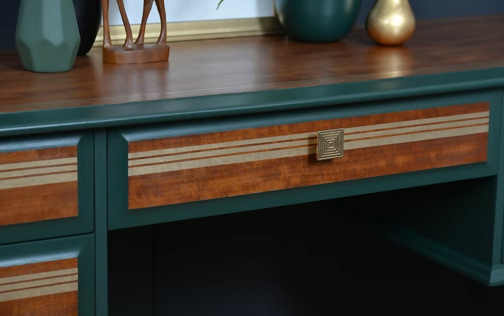Mid Century Desk, Vintage Stag Desk, Dark Green and Gold Desk with Drawers.