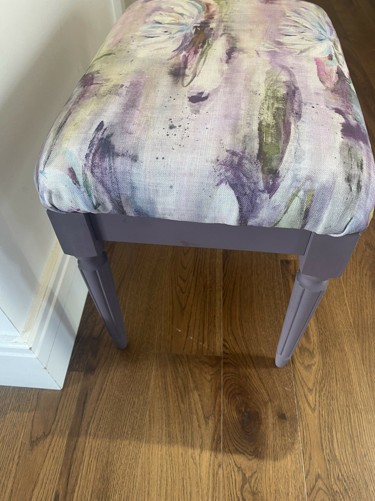 Vanity stool. Aubergine paint and matching fabric Height46cm, depth 40 cm length 50 cm