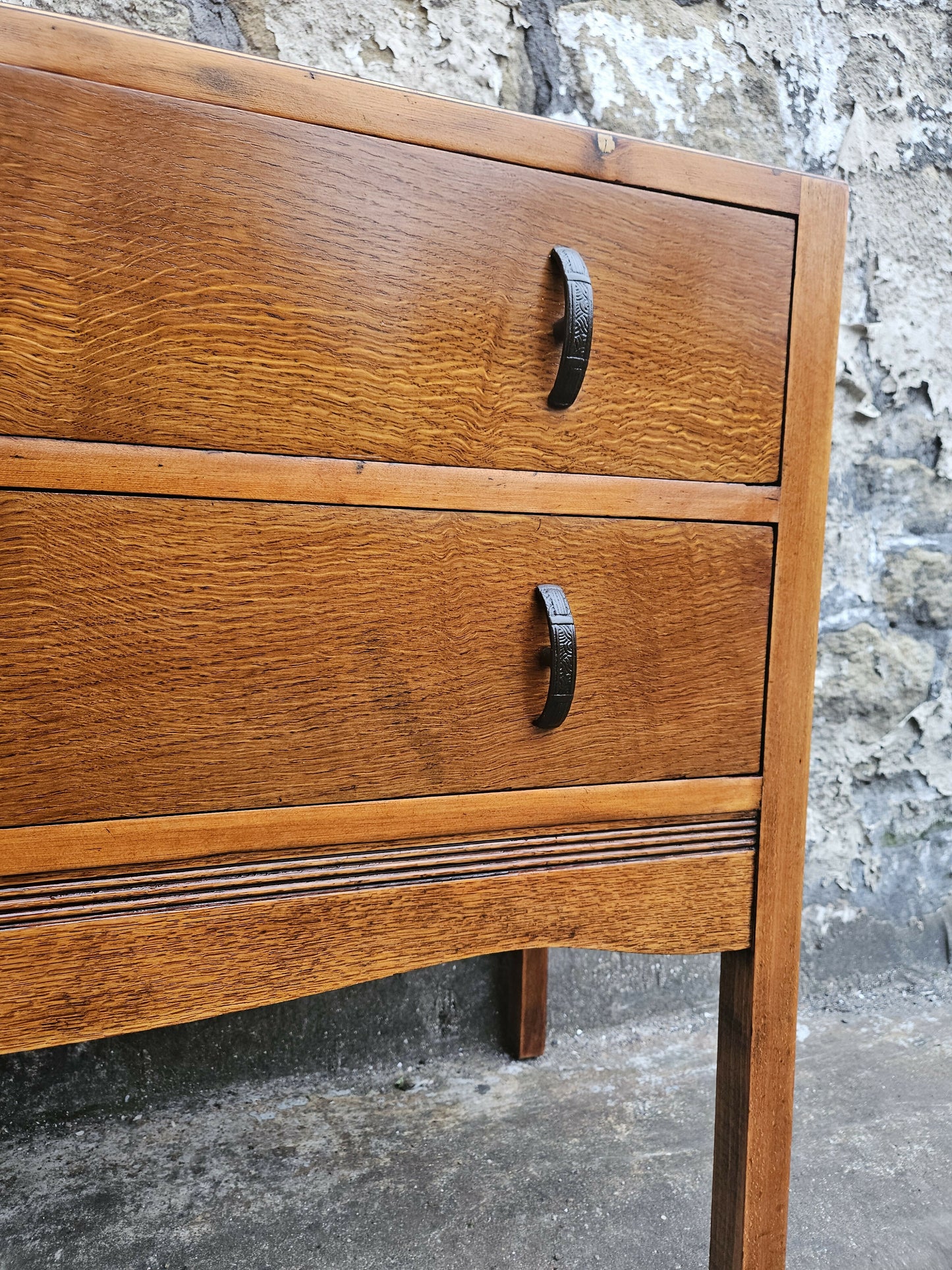 Vintage Oak Chest of Drawers: Mid-Century Modern Tallboy Cabinet Two Drawer