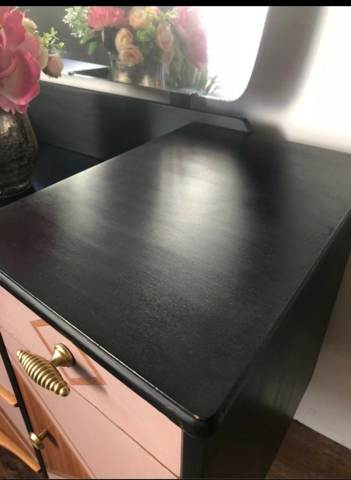 Mid century modern, dressing table,pink,black,vanity table,bedroom furniture