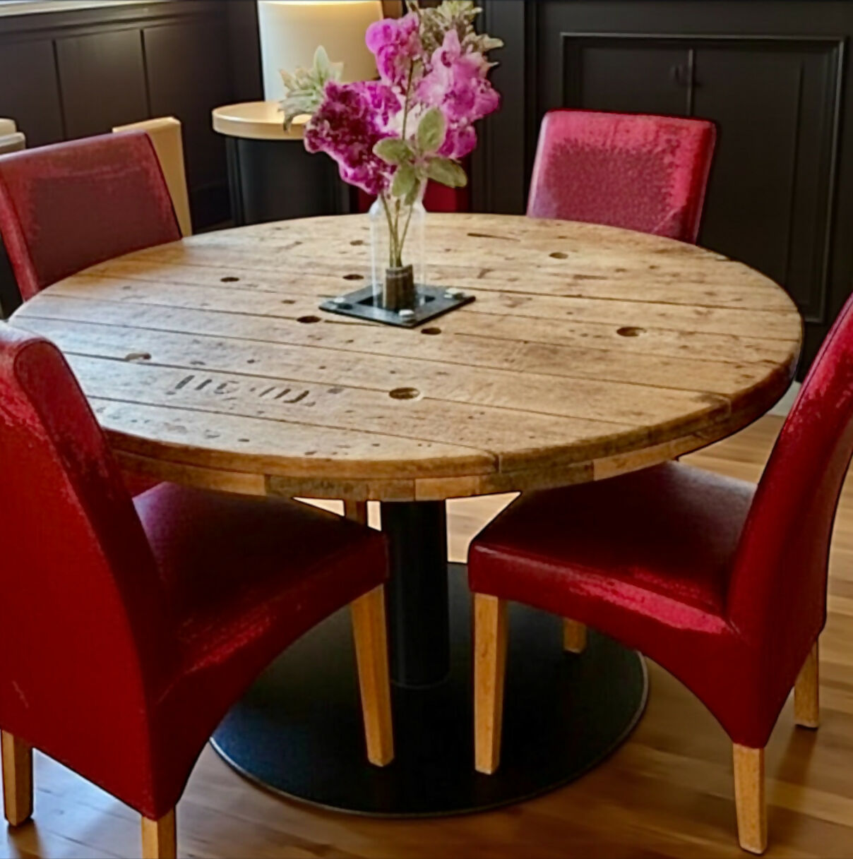 Original, Bespoke made Solid Cable Reel Round Dining Table, with four Bespoke made Dark Fuchsia Chairs