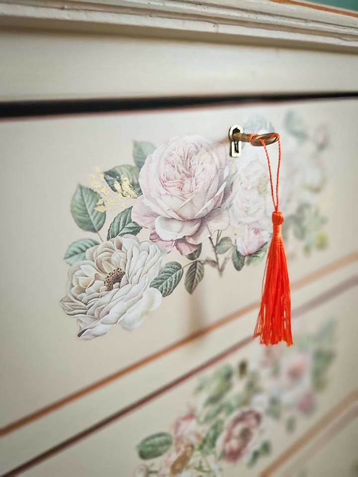 Large Upcycled wooden Chest of Drawers, with floral transfers and glass top