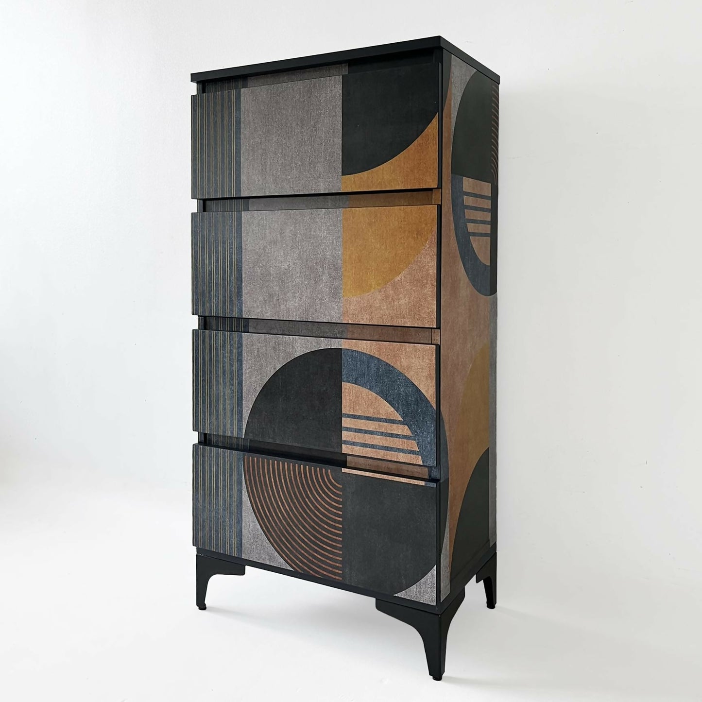 modern shallow chest of drawers, dcorated textured abstract pattern left angle