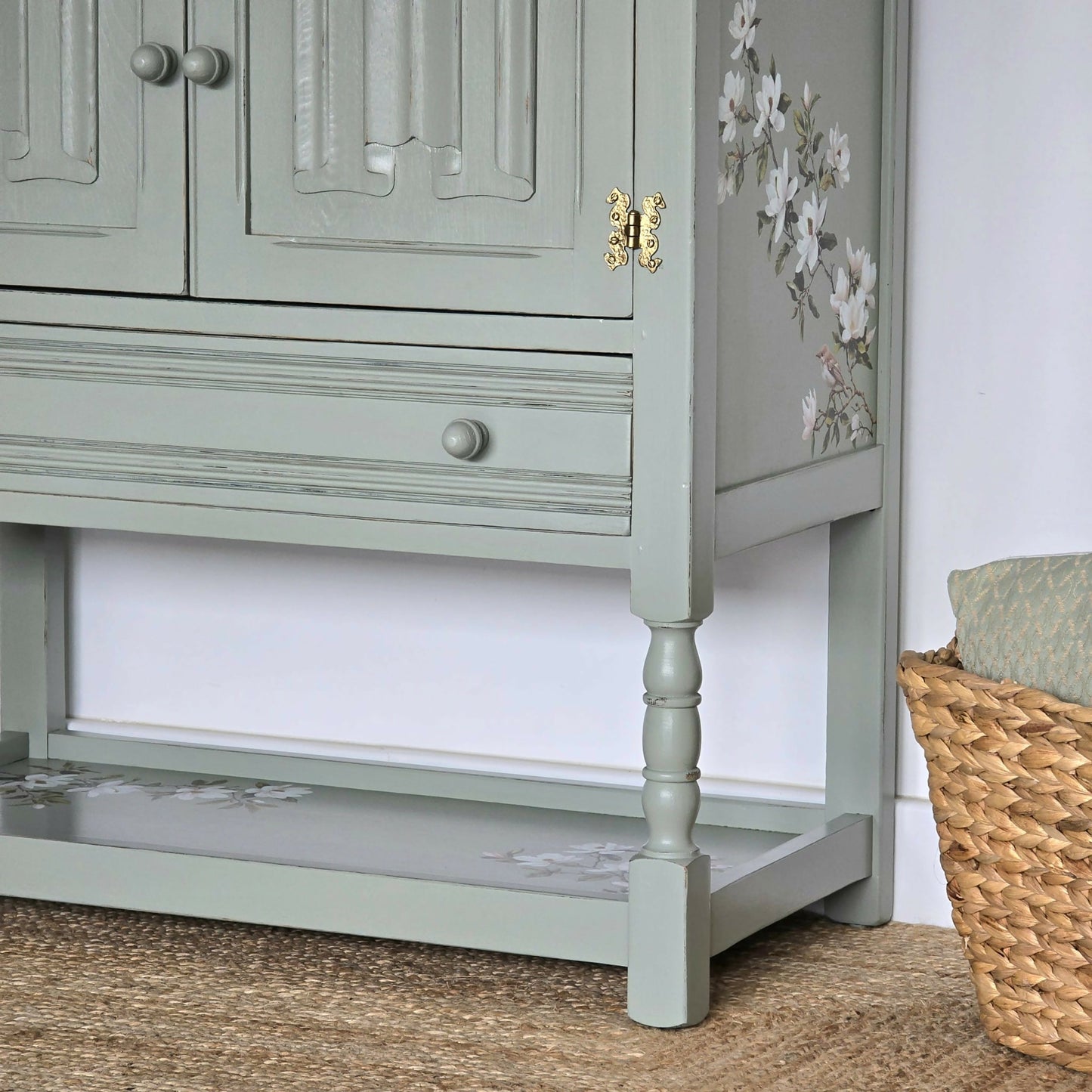 Upcycled Vintage Jaycee Linenfold Oak Sideboard, Cabinet in Sage Green