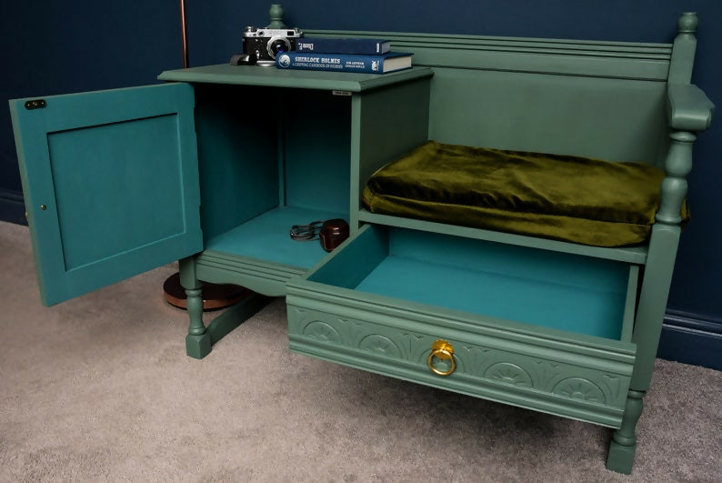 ****SOLD*****Solid Oak Gossip Bench - Green and Blue with cushion