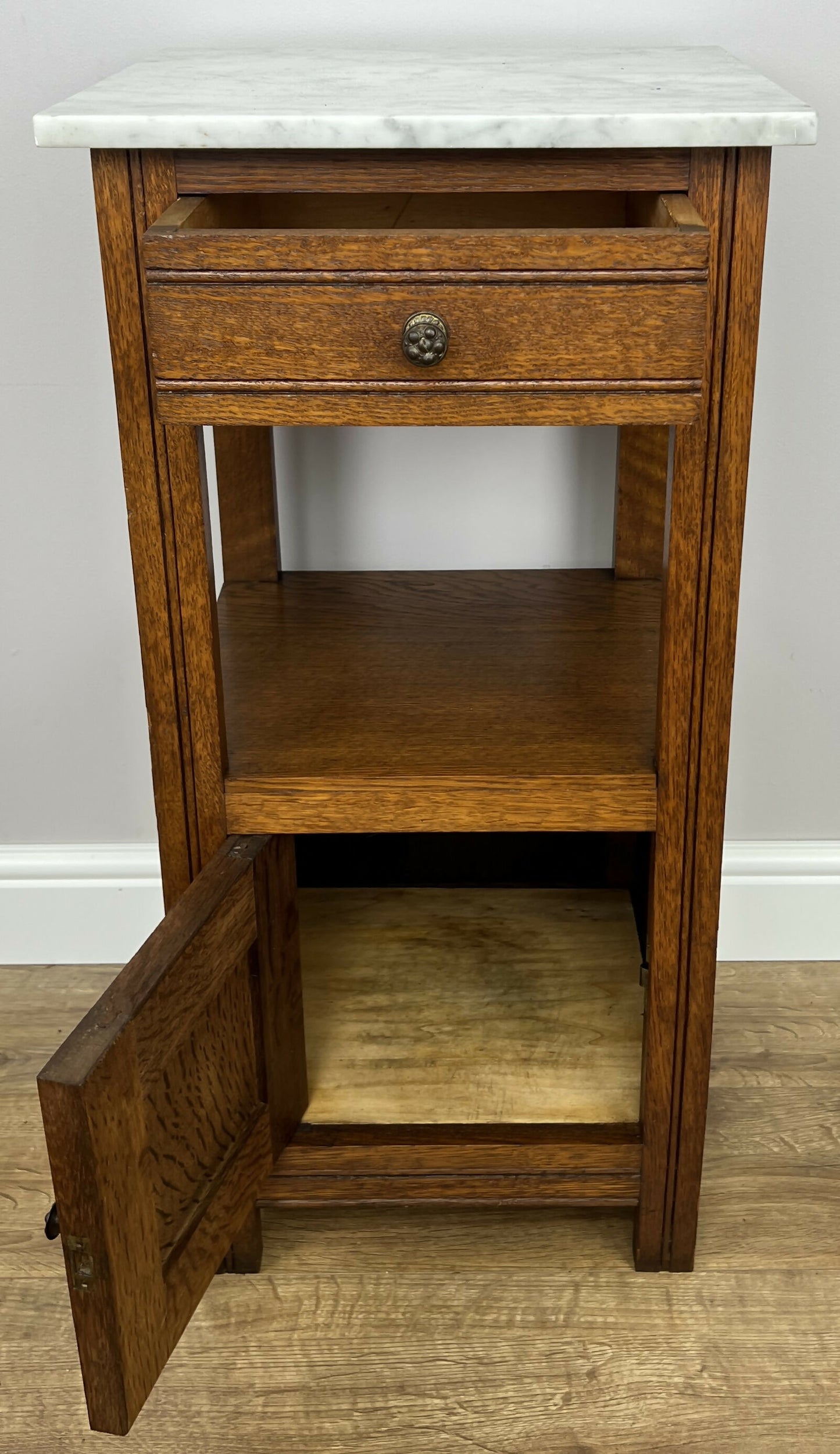 Bedside Table Antique French Style Marble Top Oak Cabinet Nightstand LOT 6241