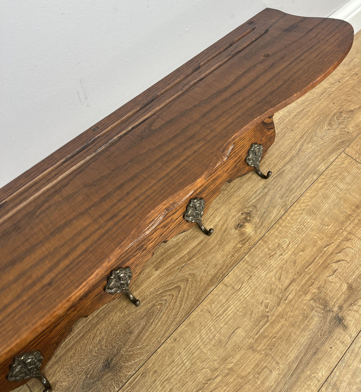 Coat Rack Vintage French Oak 6 Hooks Wall Shelf Carved Coat Hanger LOT 6550