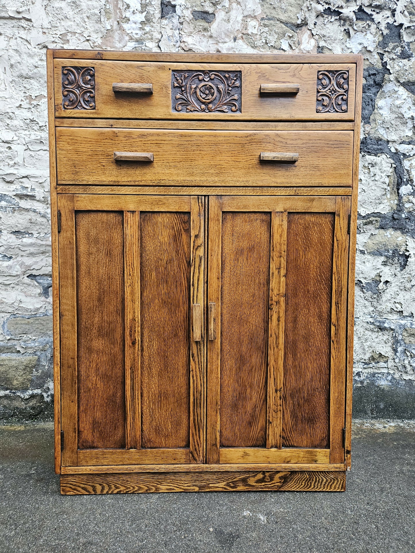 Vintage Oak Tallboy With Two Drawers And Cupboard Super Detailing And Proportions