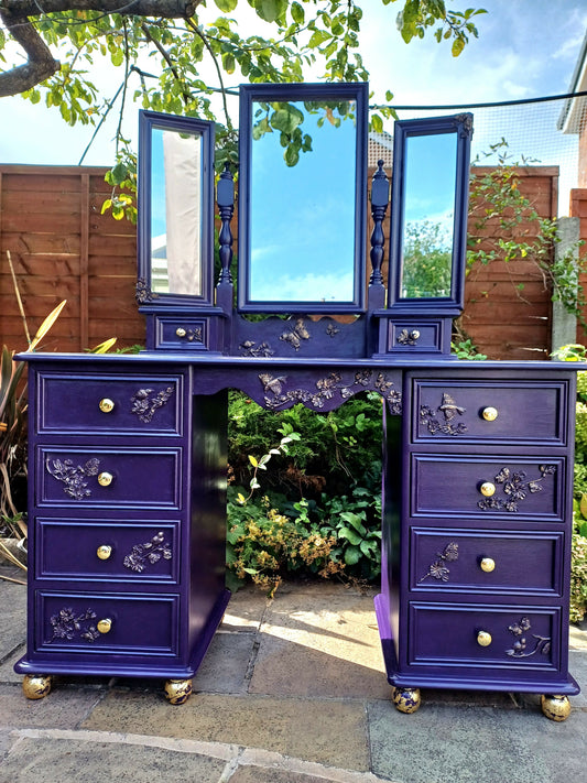 Upcycled Deep Purple and Gold Dressing Table with Flower and Bird Mould Design with Three Mirrors and Ten Drawers