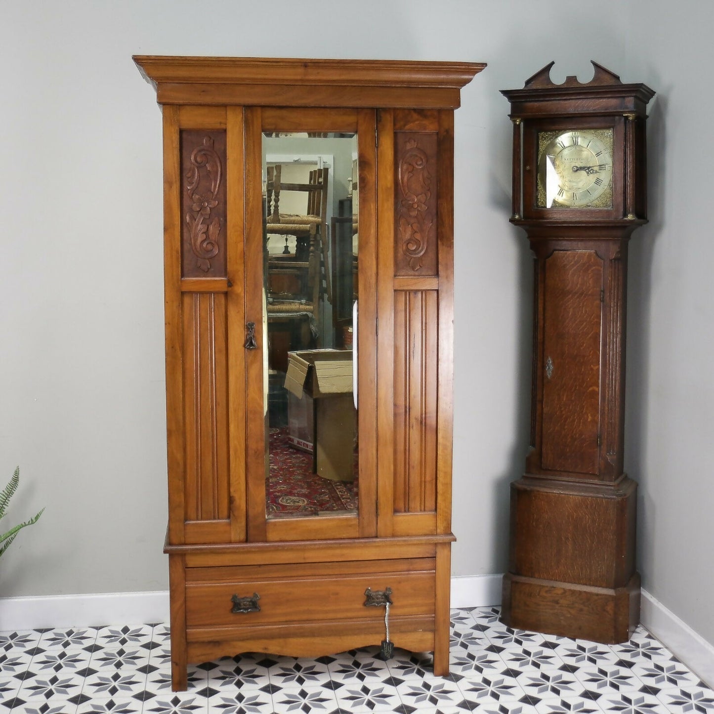 Edwardian Walnut and Carved Mahogany Wardrobe with Bevel Edged Mirrors & Drawer