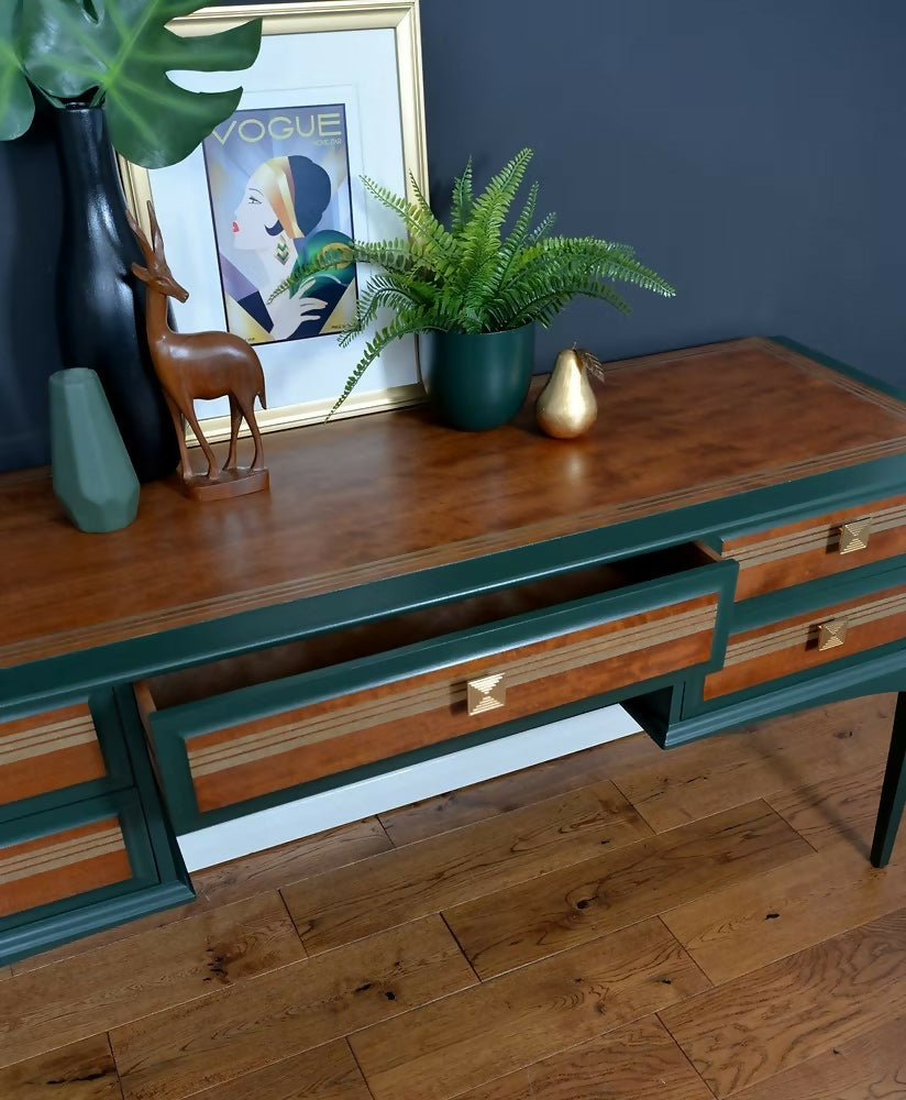 Mid Century Desk, Vintage Stag Desk, Dark Green and Gold Desk with Drawers.