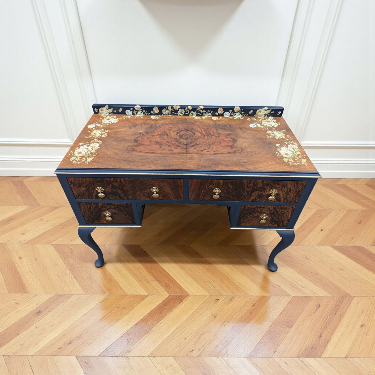 Vintage art deco navy blue and gold dressing table, walnut burr wood desk
