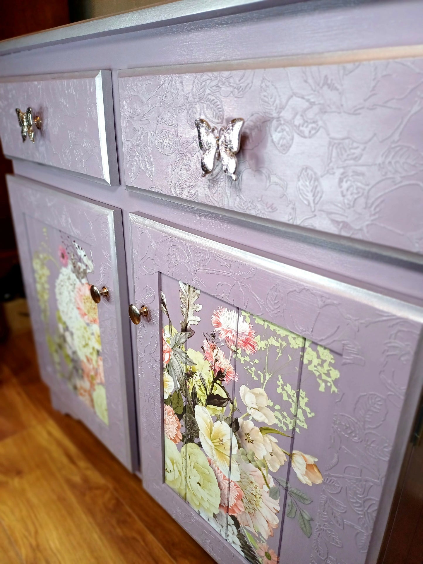 Upcycled Lilac and Silver Floral Cupboard