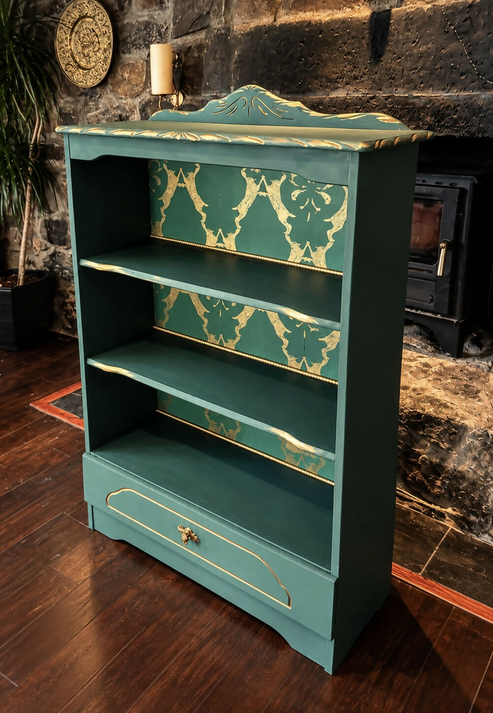 Upcycled Vintage Green & Gold Woodland 'Boxing Hares' Patterned Statement Bookcase