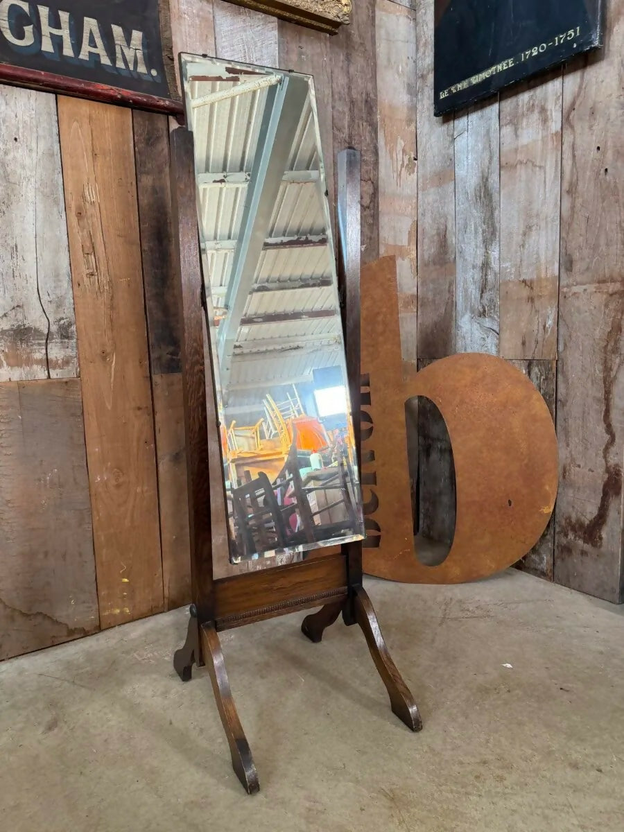 Vintage Edwardian Art Deco Oak Bevelled Cheval Dressing Mirror, c1930