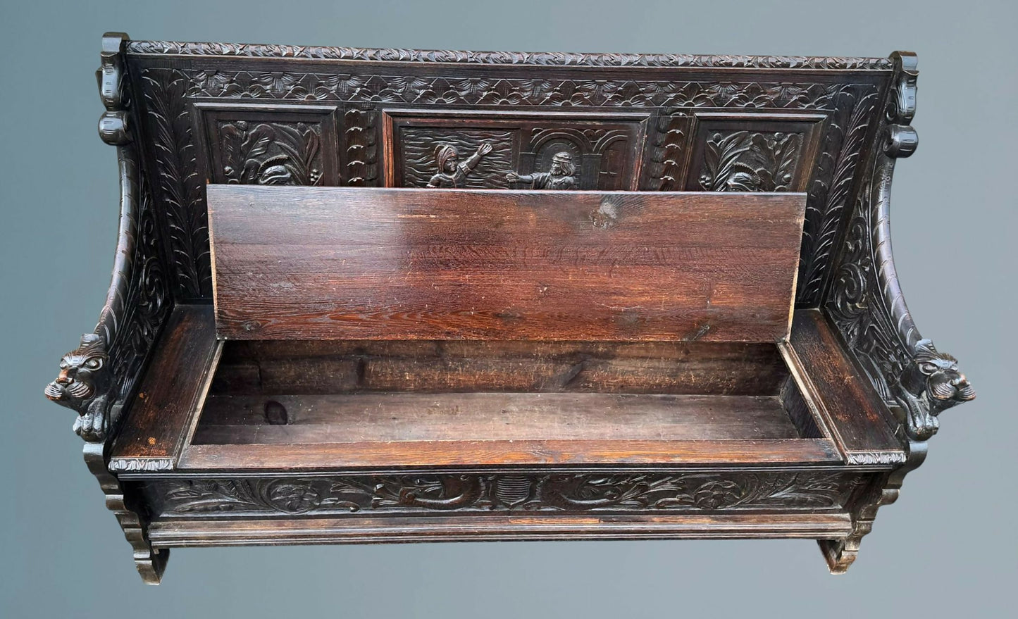 A Late Victorian Carved Oak Box Settle / Hall Bench