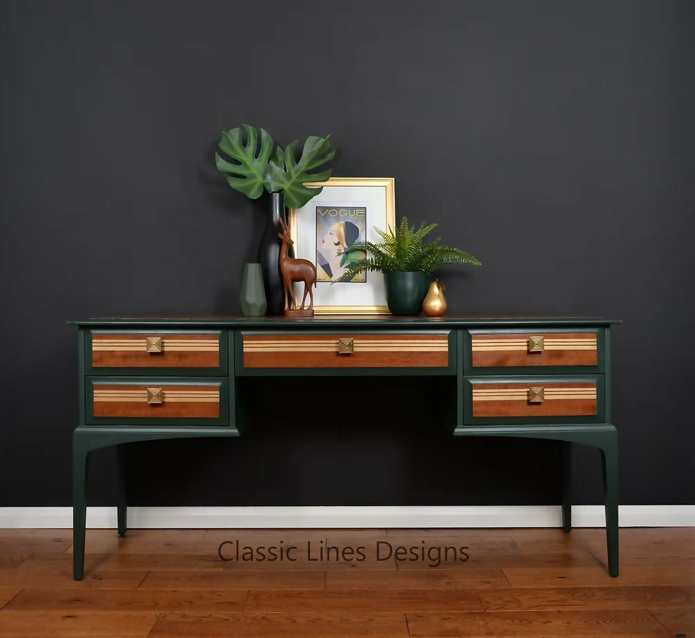 Mid Century Desk, Vintage Stag Desk, Dark Green and Gold Desk with Drawers.