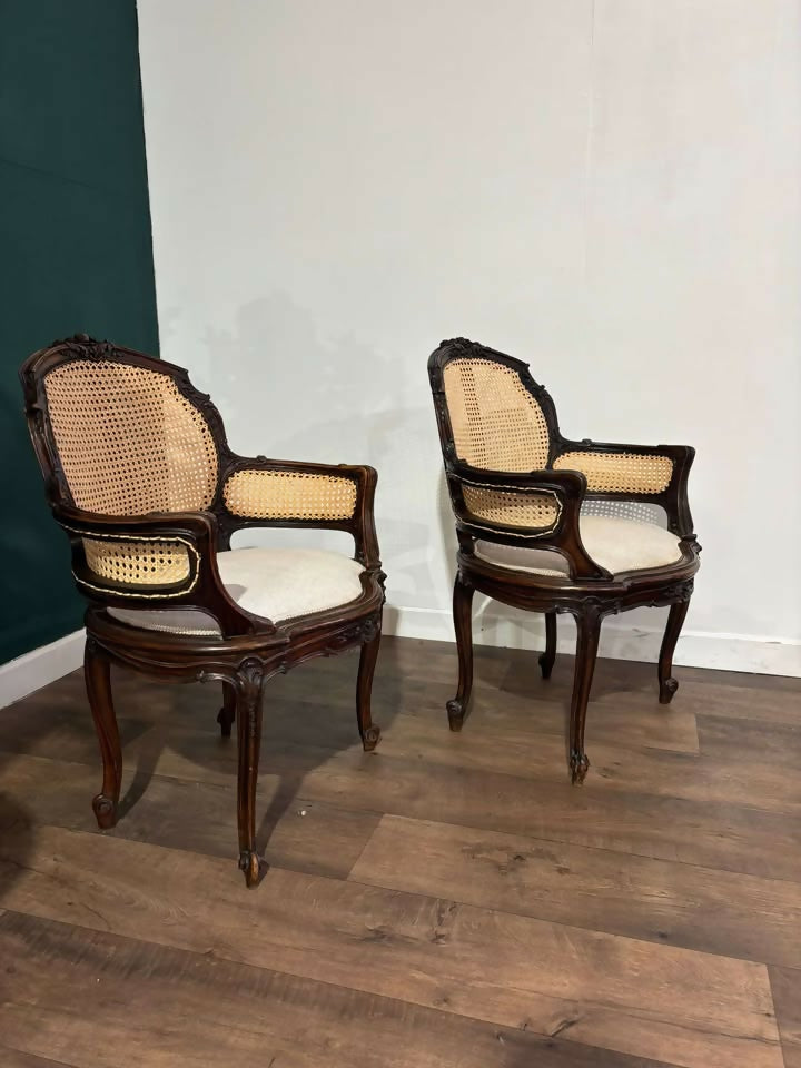 Pair Of French Louis XV Style Walnut Bergere Elbow Chairsb