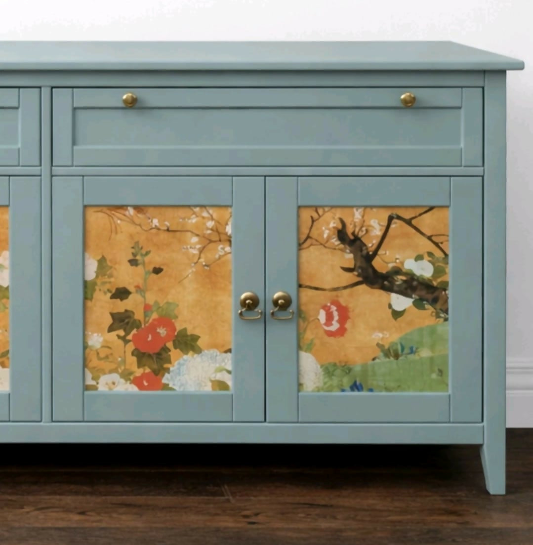 Vintage Oriental Print Pale Blue Sideboard Painted Upcycled Custom Commission