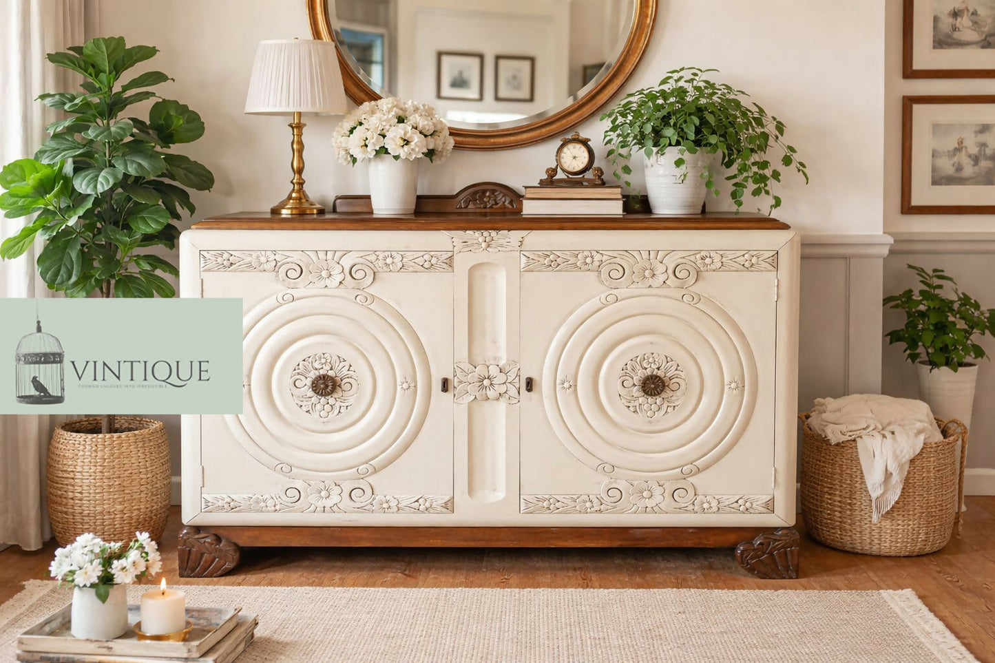 Vintage Sideboard with Floral Carved Details