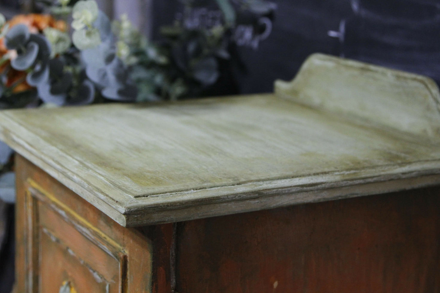 SOLD !!! Vintage Bedside Cabinet, Patina Bedside Cabinet, Orange Cabinet, Painted Bedside Table