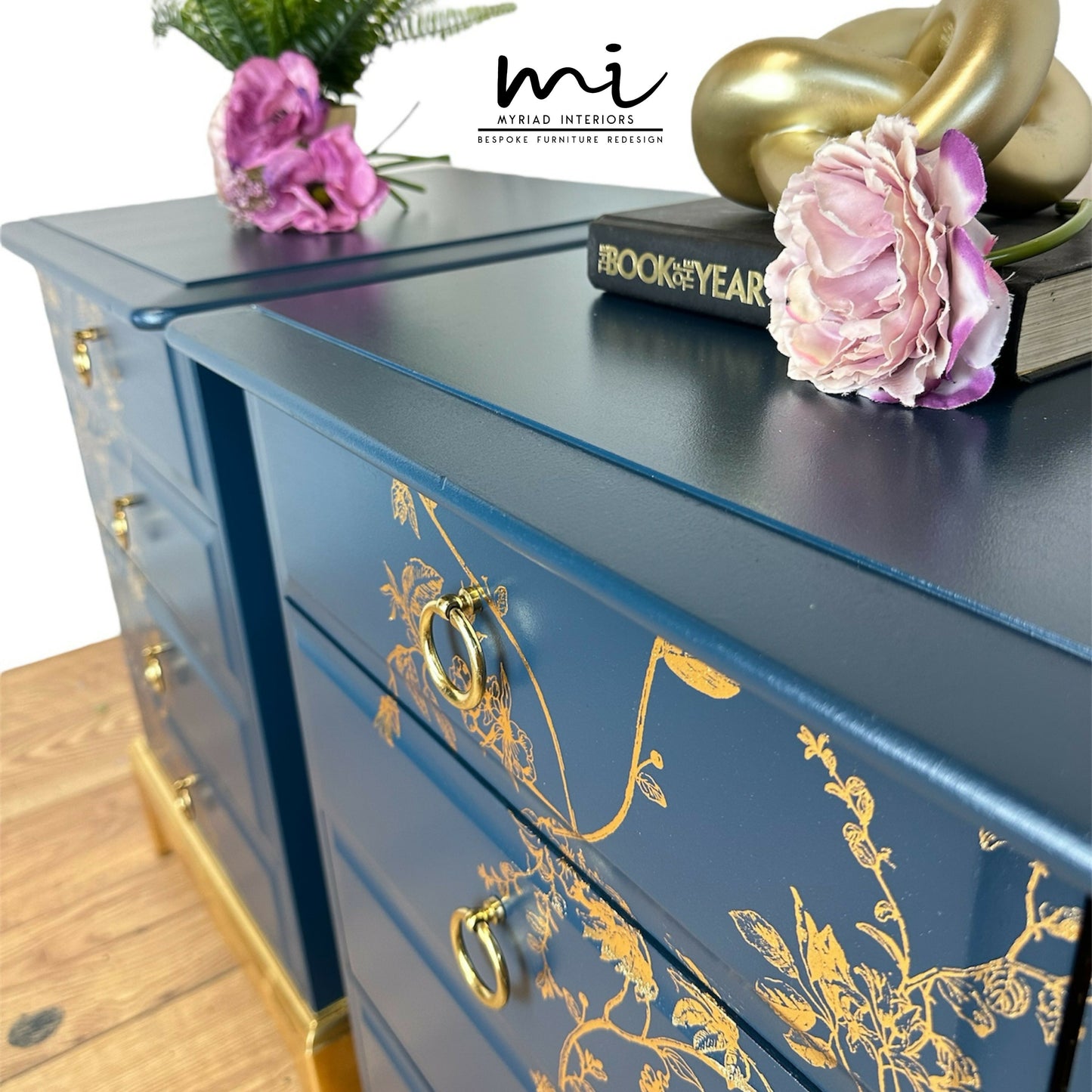 MADE TO ORDER Pretty Refurbished Stag Minstrel 4 drawer bedside tables, navy blue with gold foil design, bird song, nightstands, vintage, blossom art deco