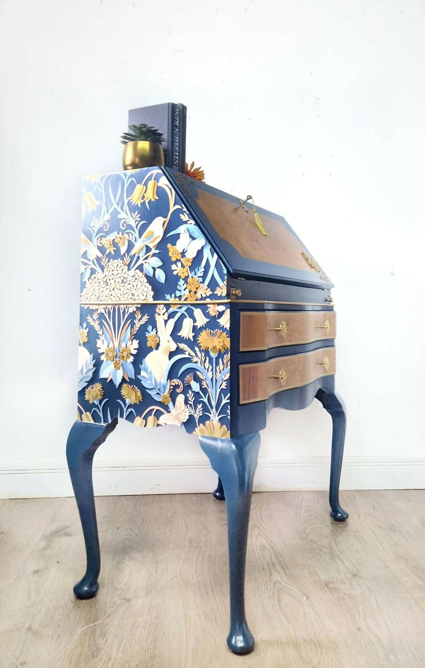 Navy and gold bureau, secretary desk, navy furniture, walnut desk, writing desk, navy blue