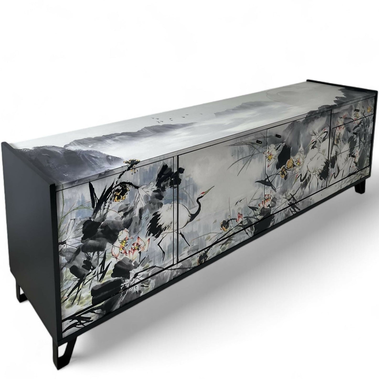 Vintage sideboard with chinoiserie Crane birs in light backround