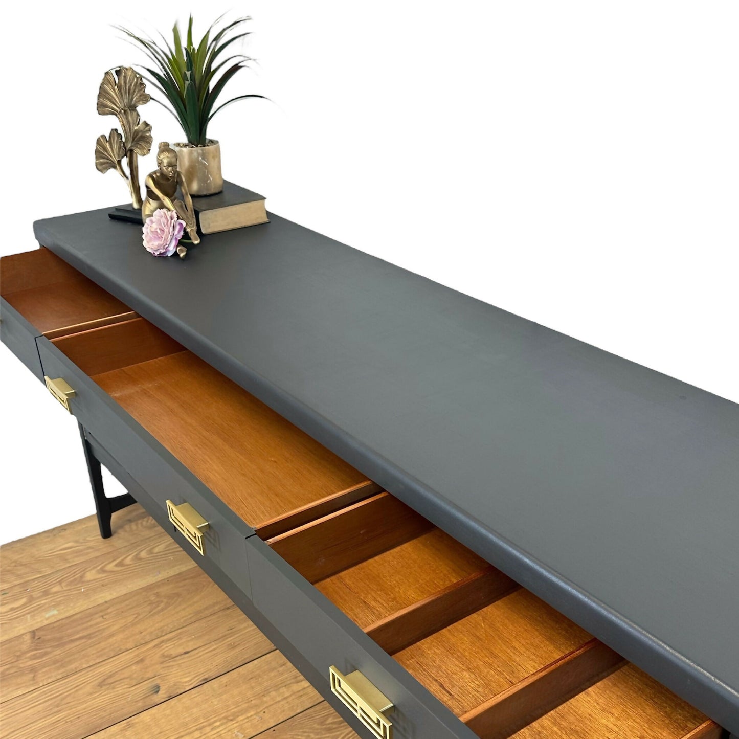 AVAILABLE NOW Large Nathan sideboard dark grey with gold art deco design, mid century drinks cabinet, cocktail cabinet, console, mid century, statement, refurbished