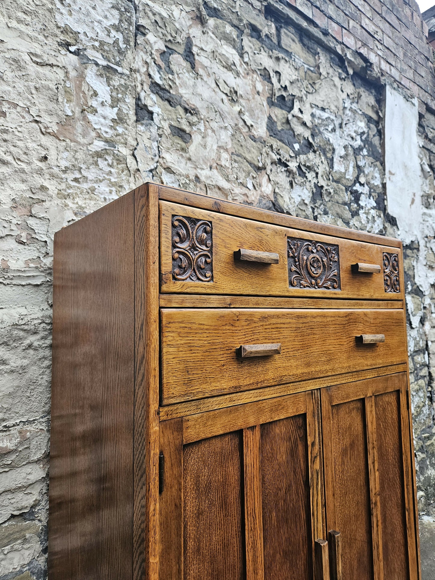 Vintage Oak Tallboy With Two Drawers And Cupboard Super Detailing And Proportions