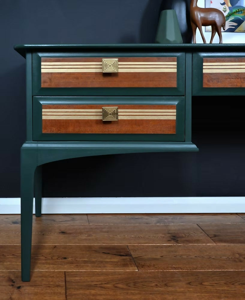 Mid Century Desk, Vintage Stag Desk, Dark Green and Gold Desk with Drawers.