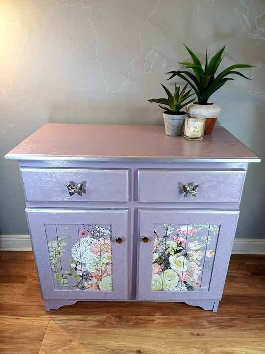 Upcycled Lilac and Silver Floral Cupboard with Two Storage Drawers