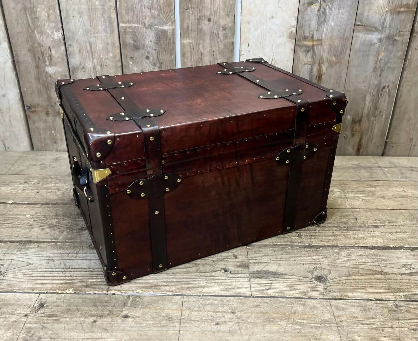 Genuine Bridle Leather Hand Dyed Belted Chestnut Brown Coffee Table Trunk