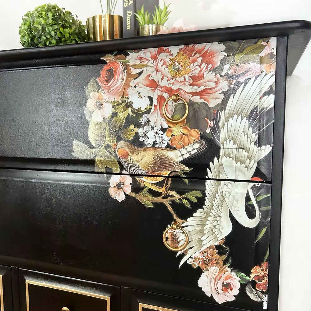 Stag Tallboy Chest of Drawers in Black and Gold Chinoiserie