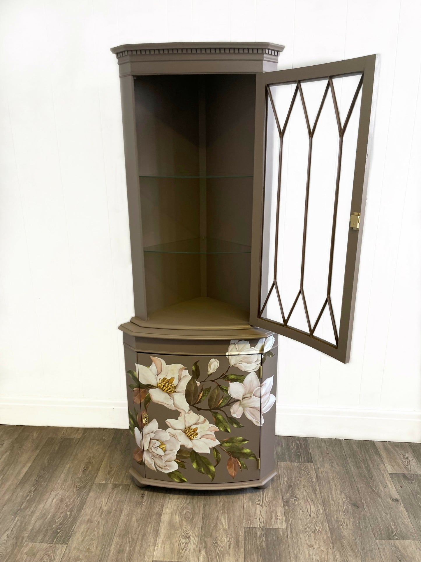 Beige Brown Glazed Corner Display Cabinet With Magnolia Flower Design