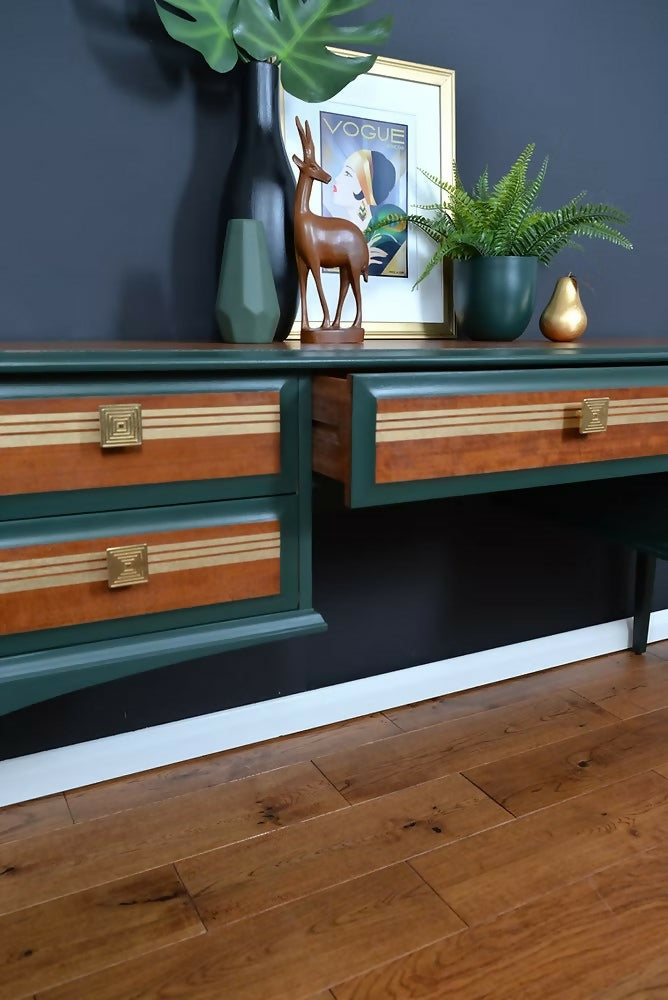 Mid Century Desk, Vintage Stag Desk, Dark Green and Gold Desk with Drawers.