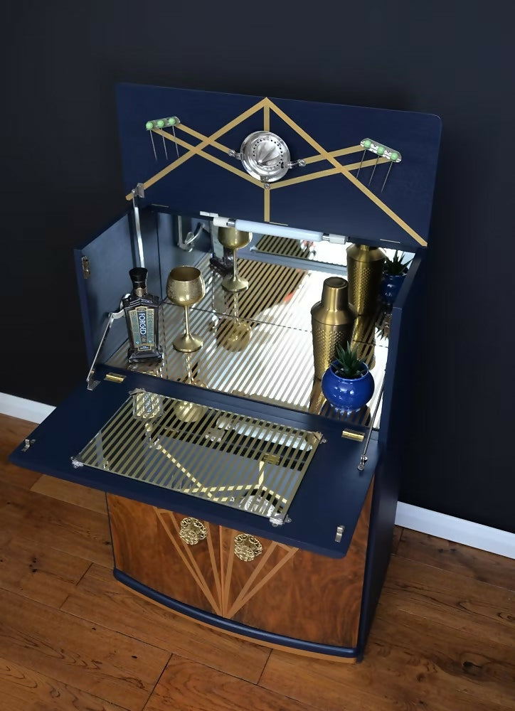 "Diamonte' Burr Walnut Cocktail Cabinet, Vintage 1950 Narrow Drinks Cocktail Cabinet