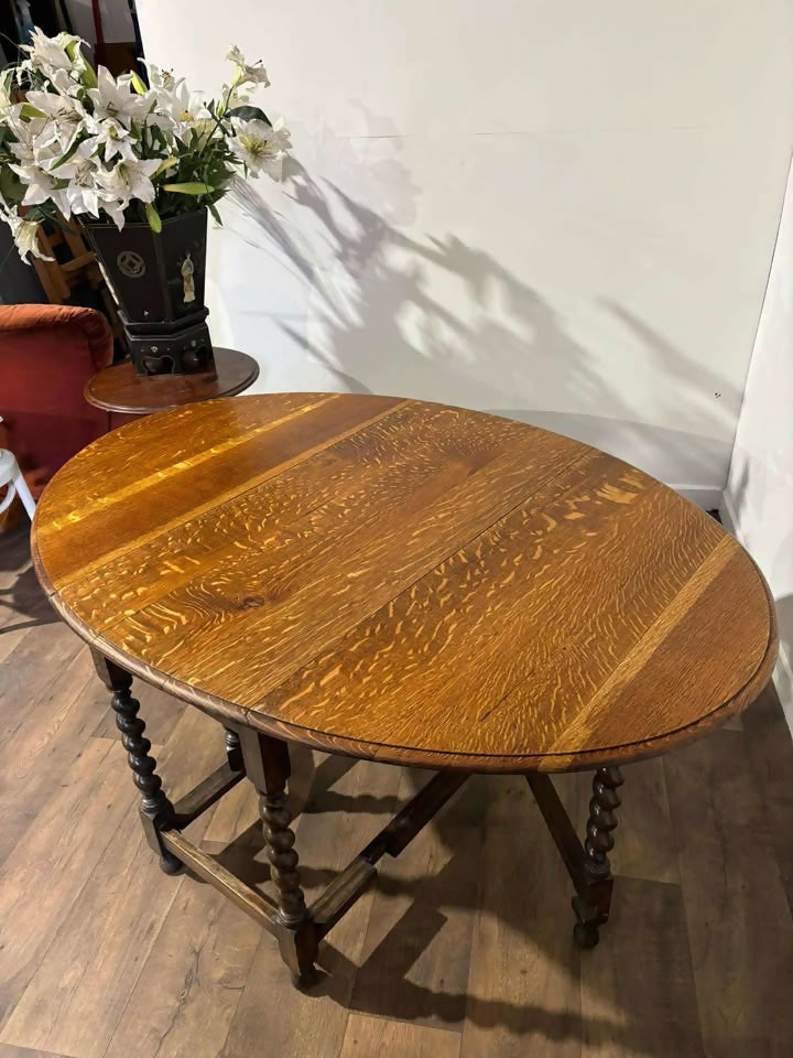 Vintage Oak Gateleg Dining Table On Barley Twist Supports