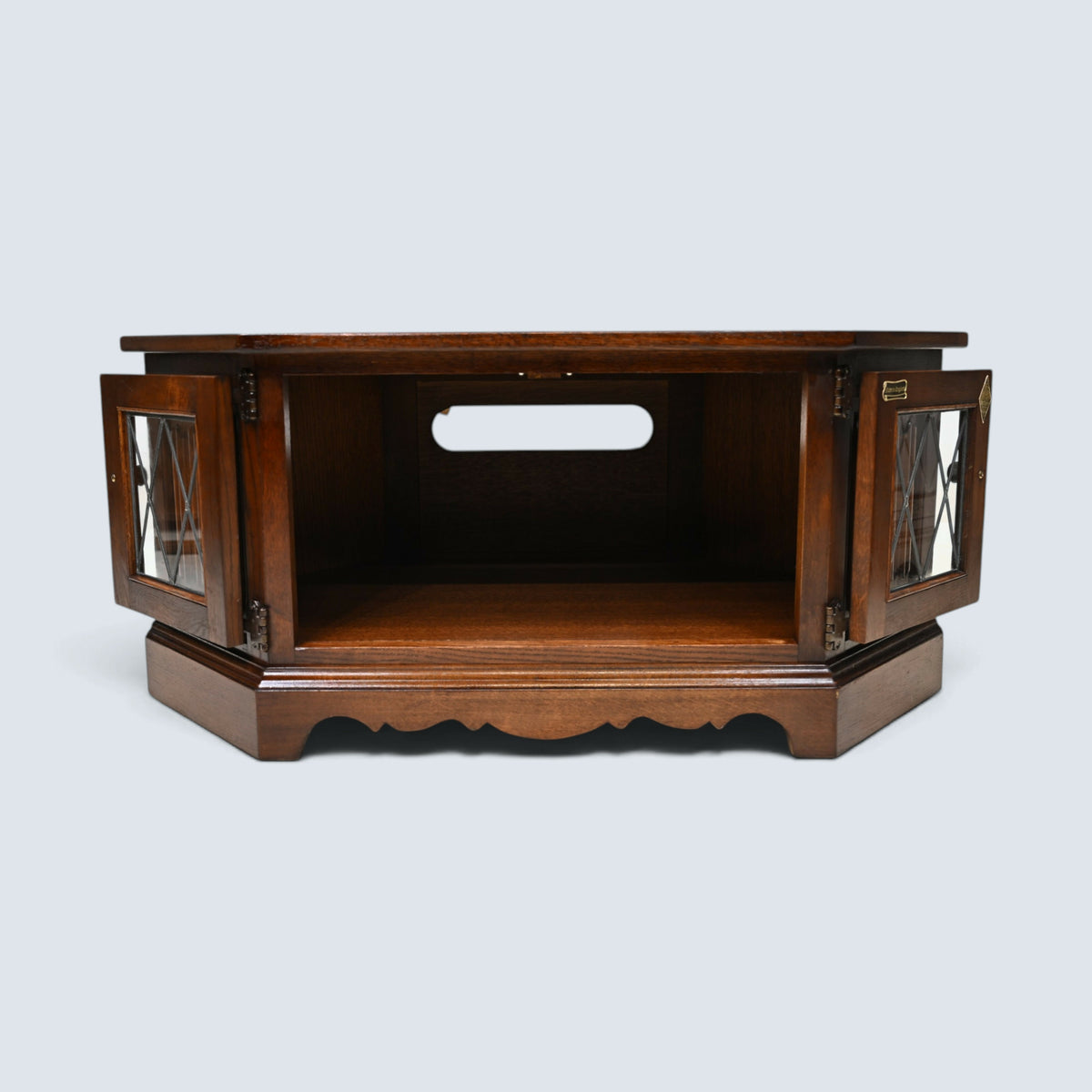 Old Charm TV Stand Linenfold Leaded Glass Doors Tudor Brown FREE UK Delivery