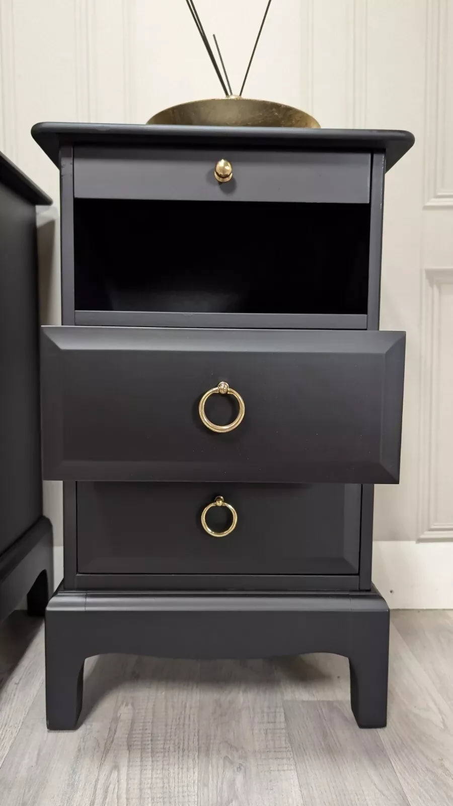 Black Stag Minstrel Pair Of 2 Drawer Narrow Bedside Tables