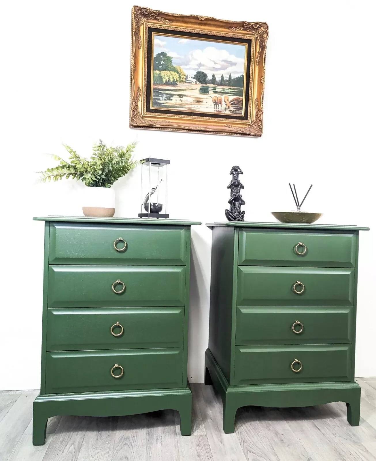 Profesionally Sprayed 2 X Green Stag Minstrel 4 Drawer Bedside Tables (pair)