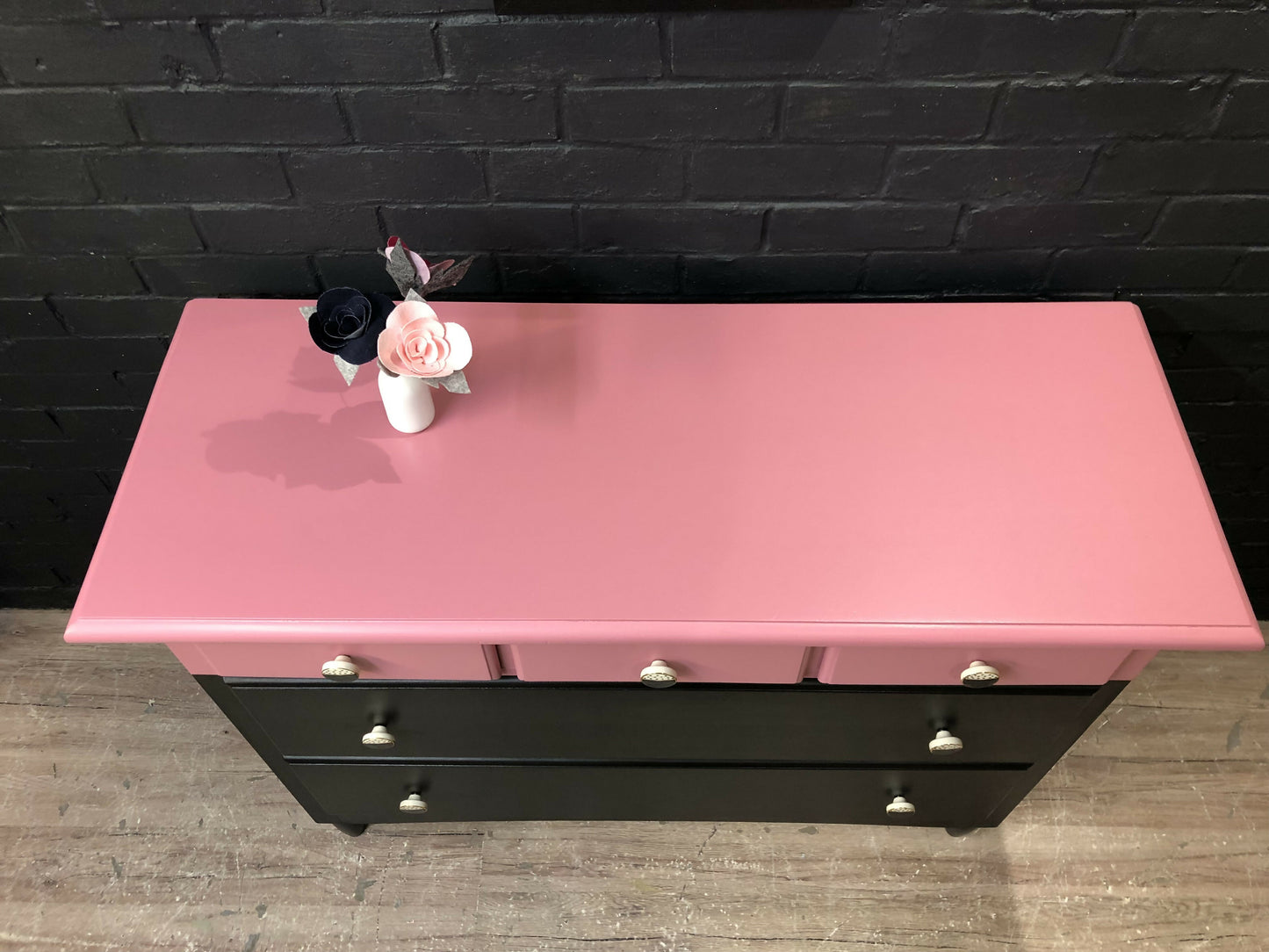 MADE TO ORDER: Upcycled chest of drawers in two-colour combination scheme, black and rasberry pink