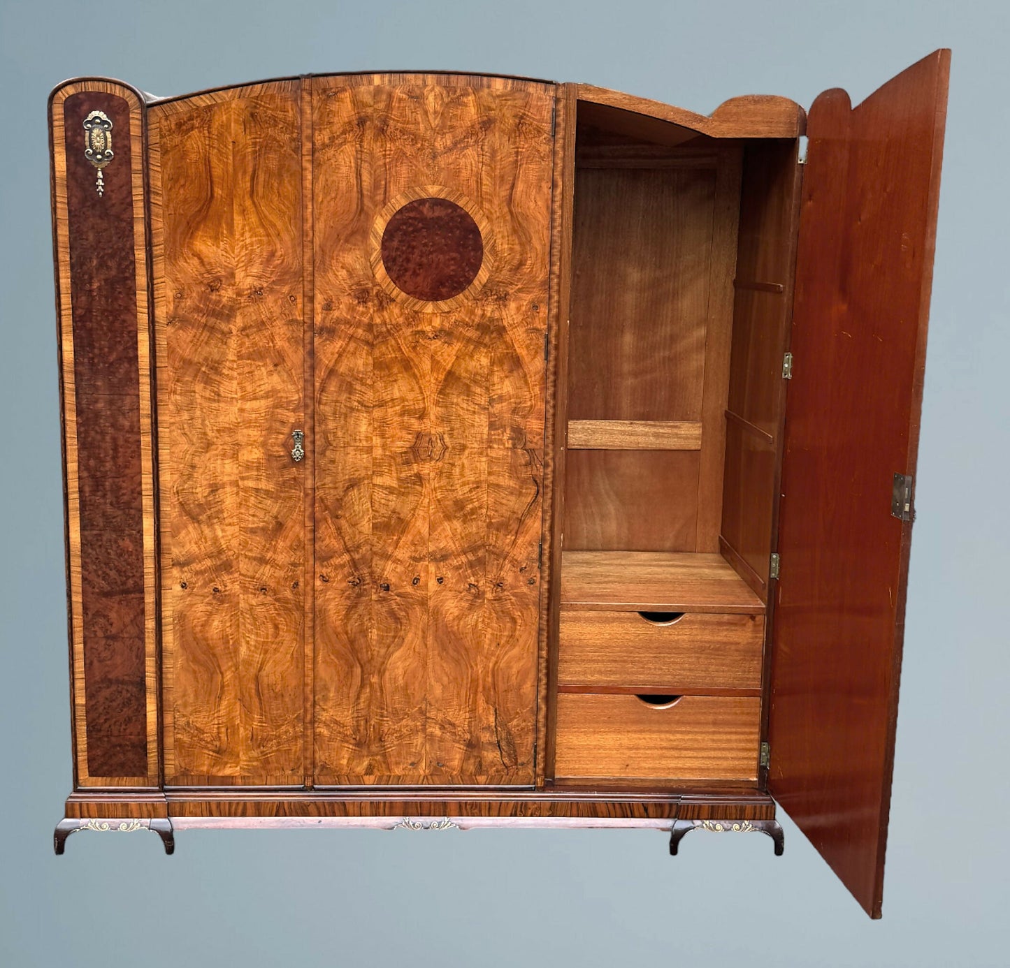 Good Quality Art Deco Burr Walnut Triple Door Wardrobe With Ormolu Mounts